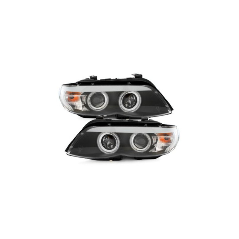 Кристални фарове с ангелски очи за BMW X5  (2003-2007) - черни