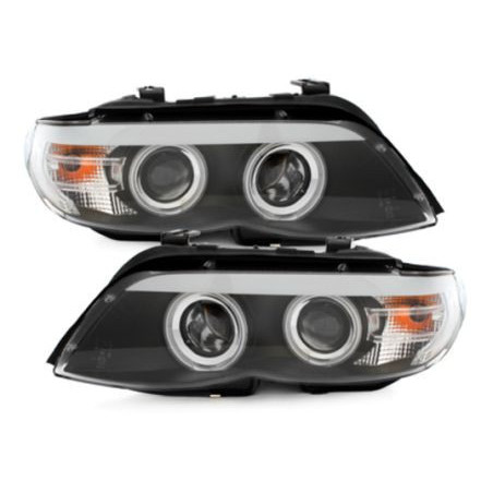 Кристални фарове с ангелски очи за BMW X5  (2003-2007) - черни