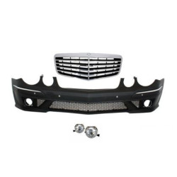Предна тунинг броня за Mercedes W211 E-Class (2002-2009) - AMG с решетка и халогени