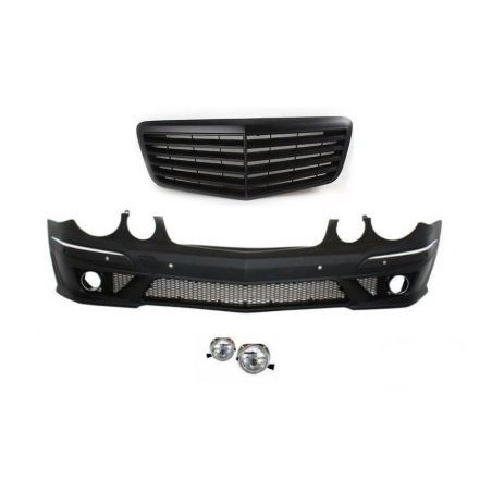 Предна тунинг броня за  Mercedes W211 E-Class (2002-2009) - AMG с черна решетка и халогени
