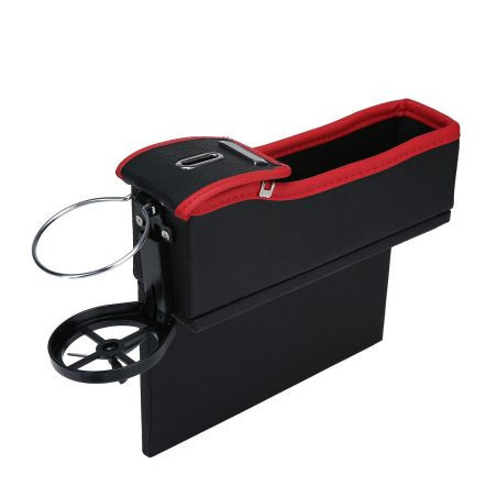 Органайзер с монетник и поставка за чаши за кола  между седалките - черна с червени шевове