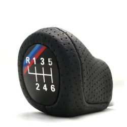 Топка за скоростен лост за BMW с 6 скорости - черна кожа със сини и червени черти //M