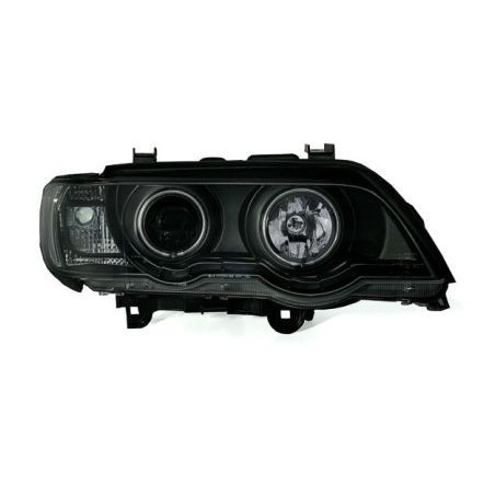 Кристални фарове с дневни светлини и ангелски очи за BMW X5  (1999-2003) - черни