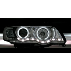 Кристални фарове с дневни светлини и ангелски очи за BMW X5 (1999-2003) - черни