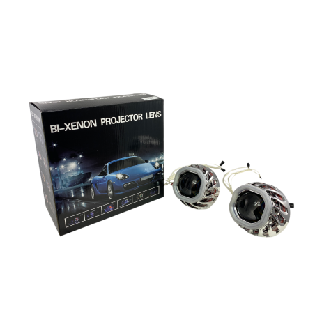 Биксенон лупи за вграждане MORIMOTO MINI SPIRAL 2.5" - със син квадратен вътрешен ринг и червен външен ринг