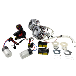 Биксенон лупи за вграждане MORIMOTO MINI SPIRAL 2.5" - със син квадратен вътрешен ринг и червен външен ринг