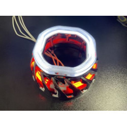 Биксенон лупи за вграждане MORIMOTO MINI SPIRAL 2.5" - със син квадратен вътрешен ринг и червен външен ринг